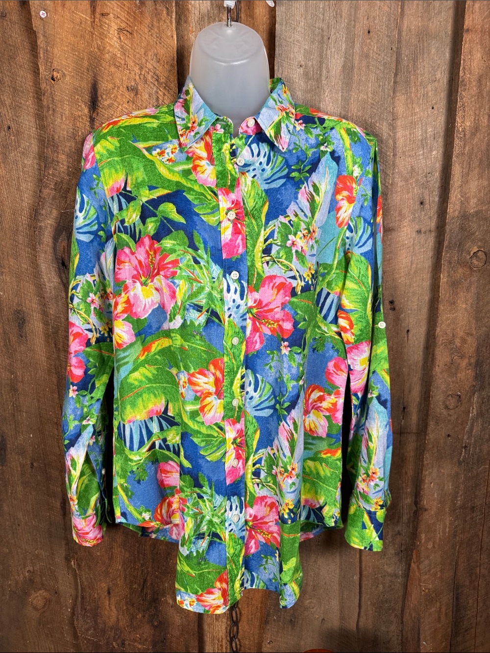 Ralph Lauren Tropical 100% Linen Button-Down Blouse